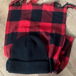 Red and Black Plaid Scarf with Black Beanie